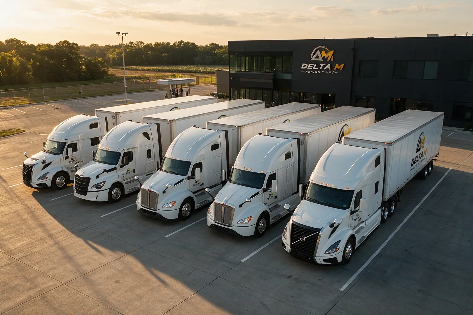 Delta M Freight terminal yard with the fleet lined up at golden hour