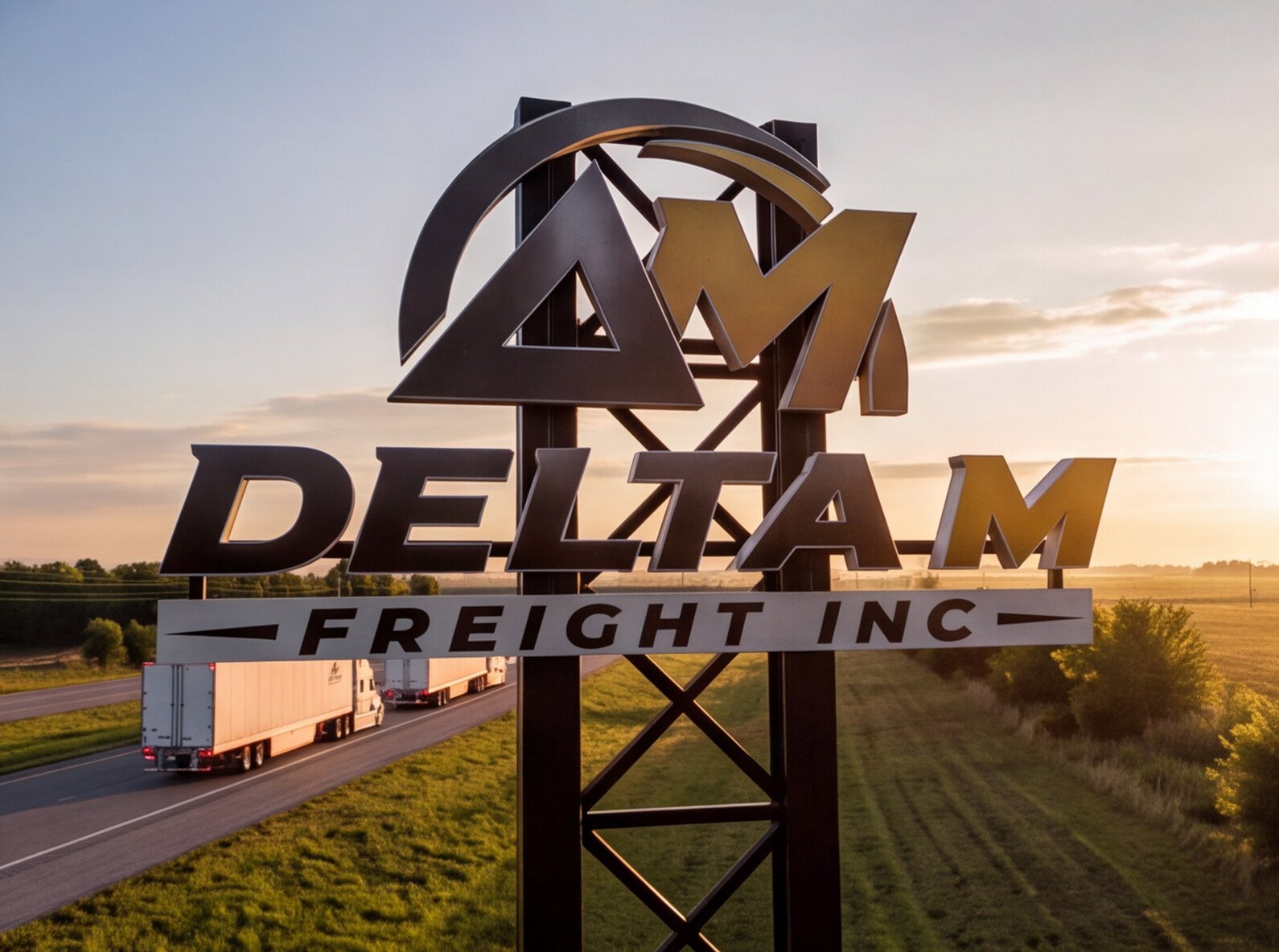 Delta M Freight illuminated sign beside a Midwest interstate at dusk, trucks in the distance