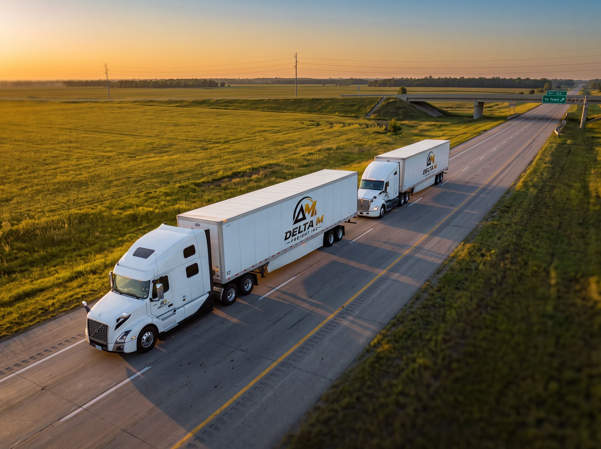 Two Delta M Freight trucks pulling 53-foot dry van trailers on the interstate at golden hour